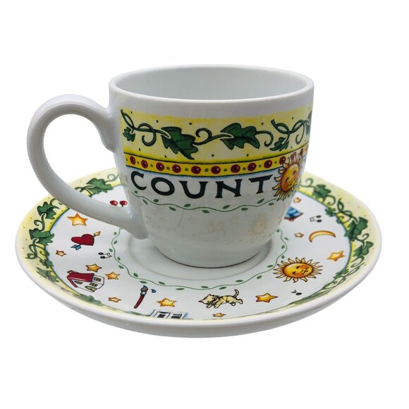 Vtg Mary Engelbreit ME Count Your Blessings Ceramic Cup Saucer Set Andrew McMeel - Picture 1 of 11